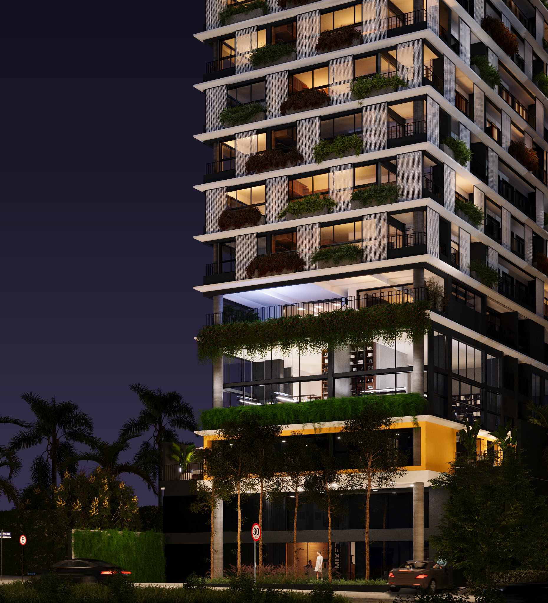 Detalhe noturno da arquitetura e paisagismo da fachada