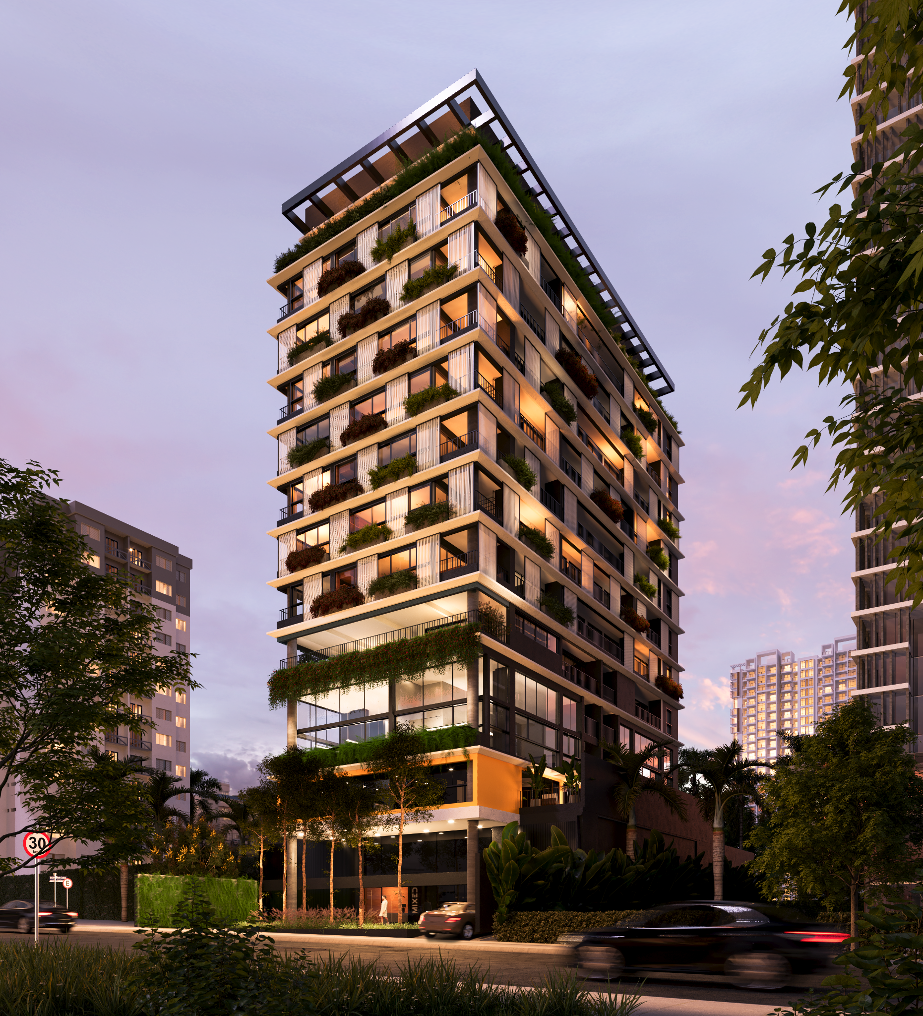 Fachada completa do Mixed 1465 ao entardecer